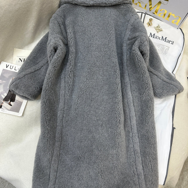 MAX MARA LONG COAT IN LIGHT GREY WOOL WITH CRYSTAL CHARM