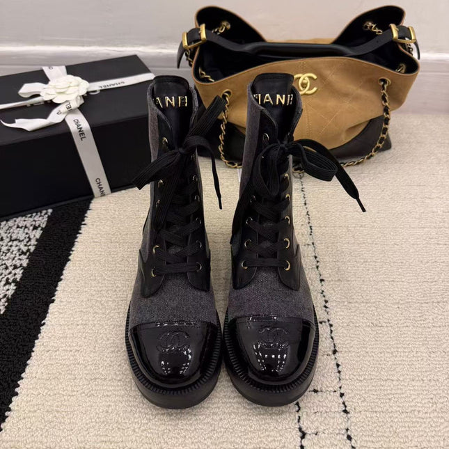 LACE-UP ANKLE BOOTS IN BLACK DENIM MIX CALFSKIN