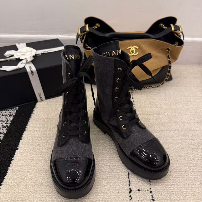 LACE-UP ANKLE BOOTS IN BLACK DENIM MIX CALFSKIN