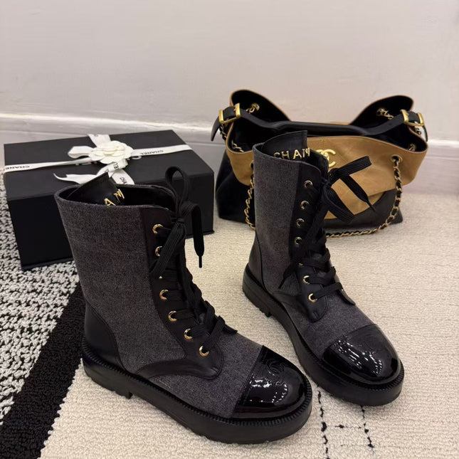 LACE-UP ANKLE BOOTS IN BLACK DENIM MIX CALFSKIN