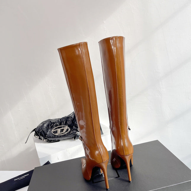 YSL VENDOME HIGH BOOTS IN CARAMEL BROWN CALFSKIN