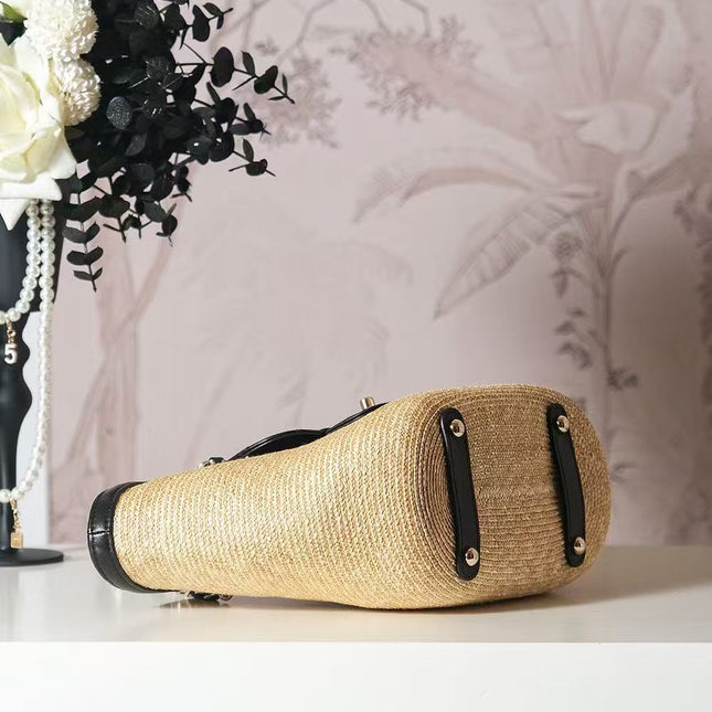 CHANEL TOTE BAG 36 IN BEIGE RAFFIA AND BLACK CALFSKIN