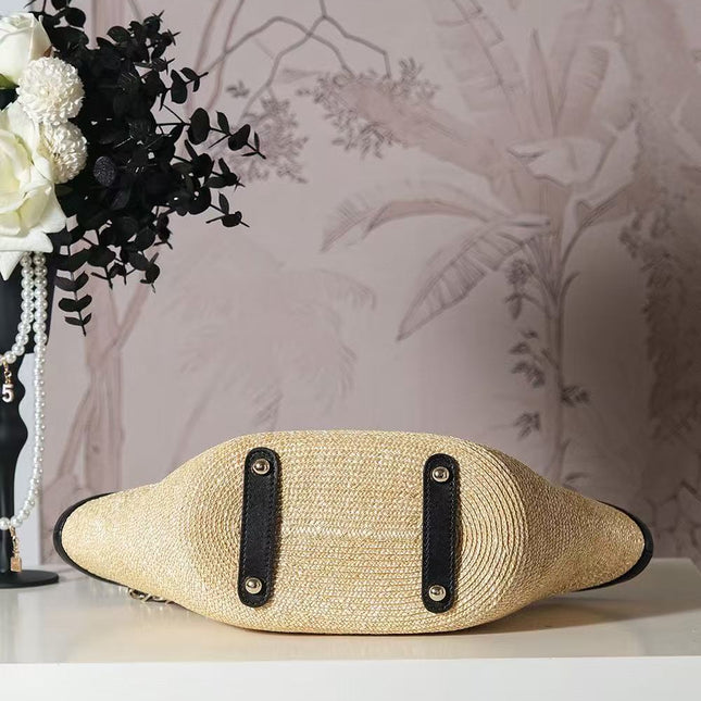 CHANEL TOTE BAG 36 IN BEIGE RAFFIA AND BLACK CALFSKIN