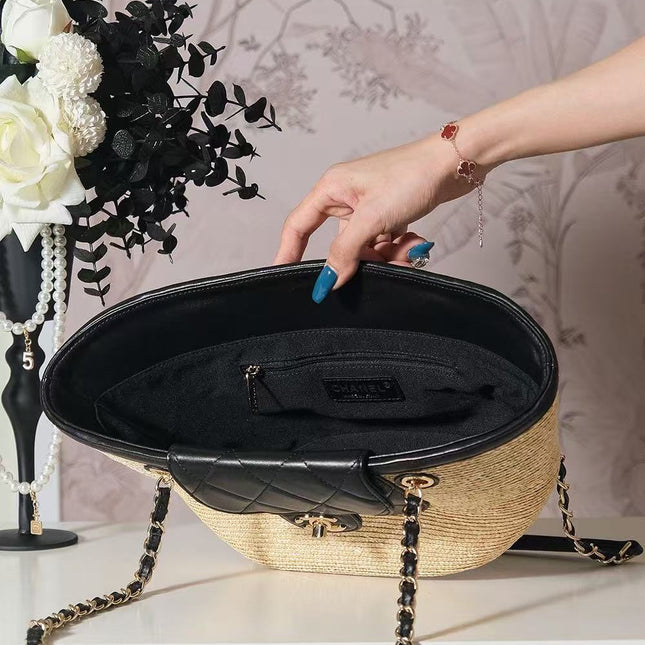 CHANEL TOTE BAG 36 IN BEIGE RAFFIA AND BLACK CALFSKIN