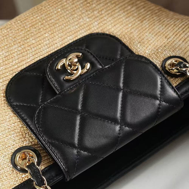 CHANEL TOTE BAG 36 IN BEIGE RAFFIA AND BLACK CALFSKIN