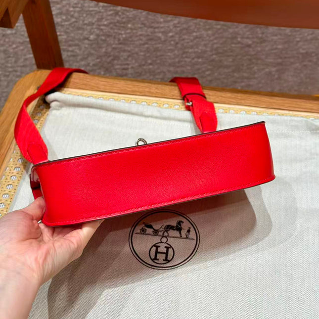 HM MINI JYPSIERE BAG IN RED SWIFT LEATHER SILVER HARDWARE.