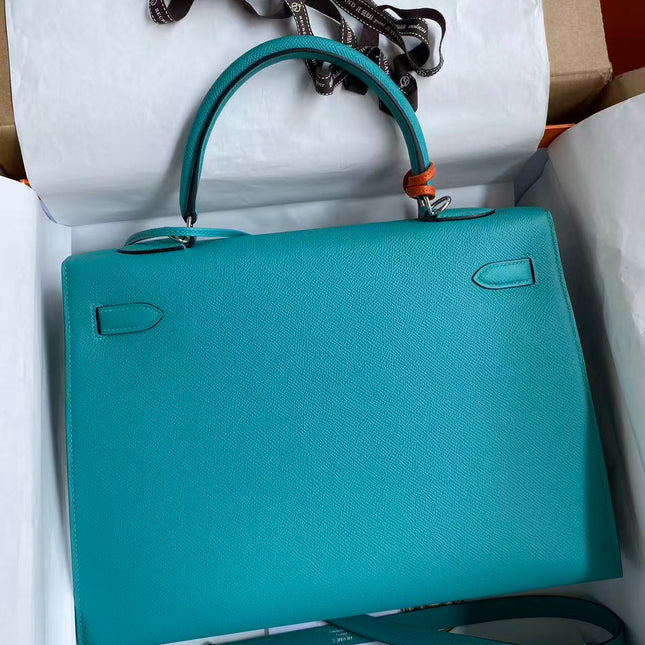 HM KELLY BAG 32 IN BLEU PAON TOGO LEATHER WITH SILVER HARDWARE
