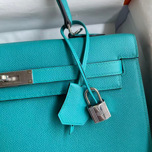 HM KELLY BAG 32 IN BLEU PAON TOGO LEATHER WITH SILVER HARDWARE