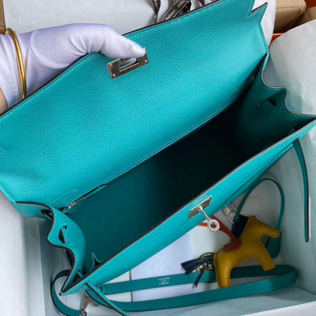HM KELLY BAG 32 IN BLEU PAON TOGO LEATHER WITH SILVER HARDWARE
