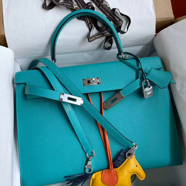 HM KELLY BAG 32 IN BLEU PAON TOGO LEATHER WITH SILVER HARDWARE