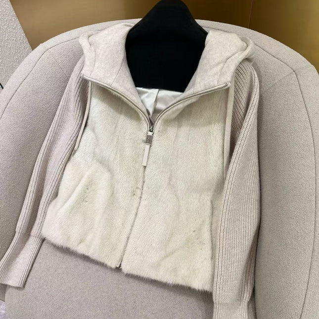 LUXURIOUS COMFORTABLE IN BEIGE FUR MIX WOOL JACKET