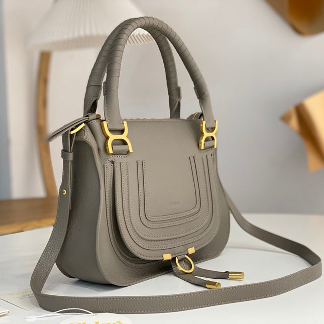 CHLOE MARCIE DOUBLE CARRY BAG IN GREY CALFSKIN GOLD HARDWARE