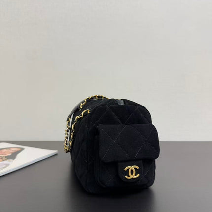 CHANEL BOWLING BAG 24 IN BLACK SUEDE WITH ANTIQUE GOLD HARDWARE
