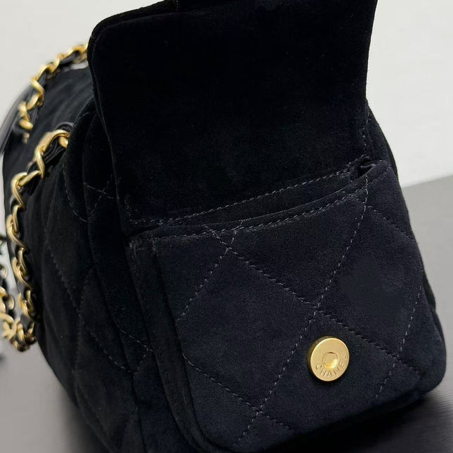 CHANEL BOWLING BAG 24 IN BLACK SUEDE WITH ANTIQUE GOLD HARDWARE