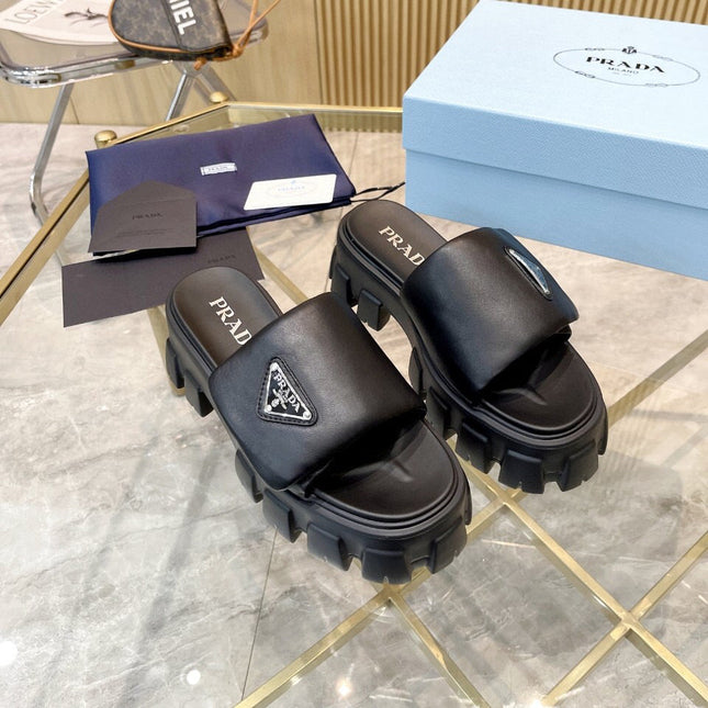 PRADA SOFT PADDED SANDALS IN BLACK CALFSKIN