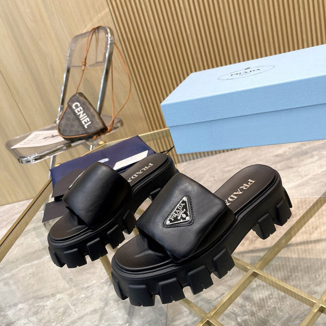 PRADA SOFT PADDED SANDALS IN BLACK CALFSKIN