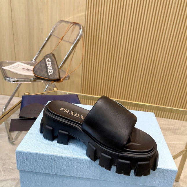 PRADA SOFT PADDED SANDALS IN BLACK CALFSKIN