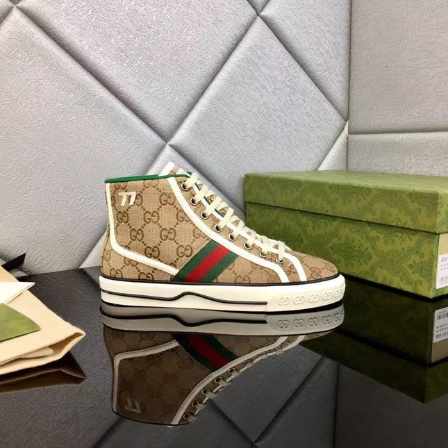 GUCCI TENNIS HIGH-TOP SNEAKERS IN BEIGE GG CANVAS