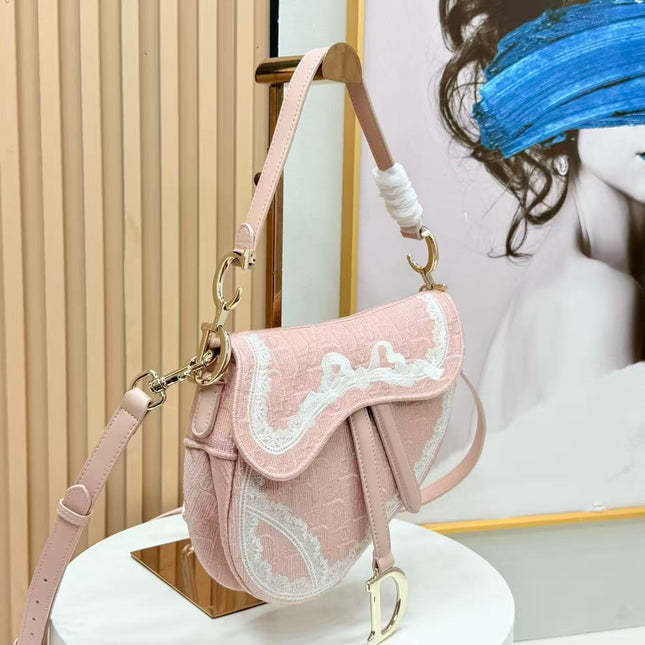 DIOR SMALL SADDLE BAG 24 IN ROSE PINK SOUPIR EMBROIDERY