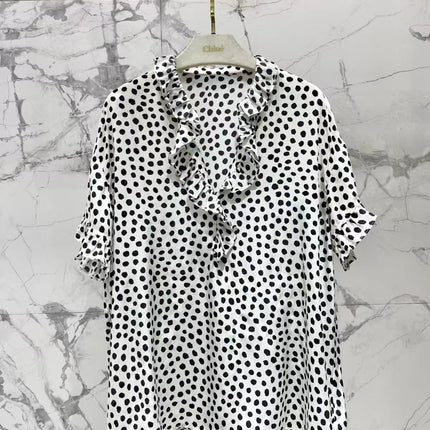 CHLOE RUFFLED BLOUSE IN BLACK AND WHITE DOT PATTERN