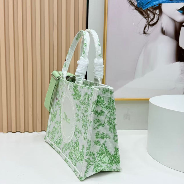 DIOR BOOK TOTE 36 IN GREEN MULTICOLOR TOILE DE JOUY CLOVER EMBROIDERY
