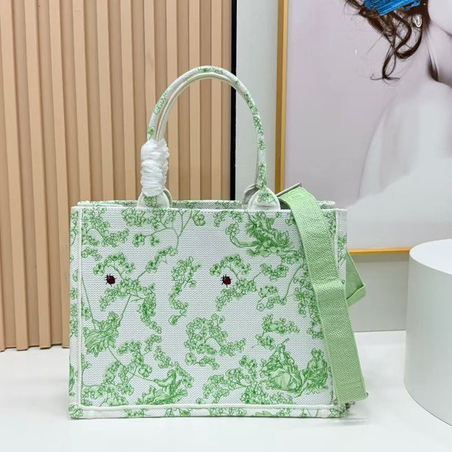 DIOR BOOK TOTE 36 IN GREEN MULTICOLOR TOILE DE JOUY CLOVER EMBROIDERY