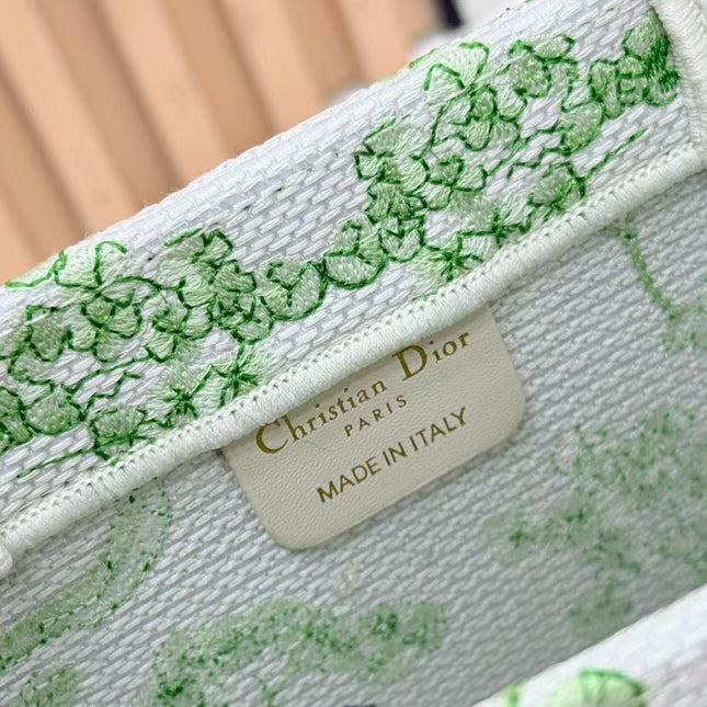 DIOR BOOK TOTE 36 IN GREEN MULTICOLOR TOILE DE JOUY CLOVER EMBROIDERY