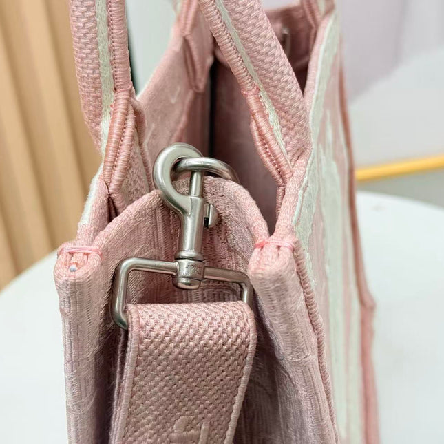 DIOR BOOK TOTE BAG 36 IN PINK COLORWAY WITH AN OVAL EMBROIDERED LOGO EMBLEM