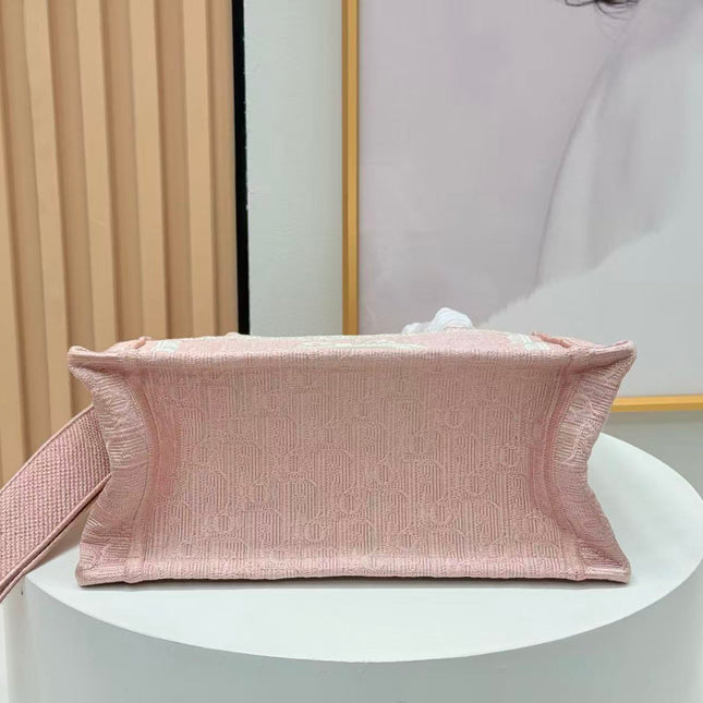 DIOR BOOK TOTE BAG 36 IN PINK COLORWAY WITH AN OVAL EMBROIDERED LOGO EMBLEM