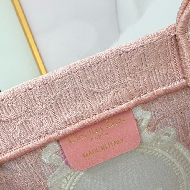 DIOR BOOK TOTE BAG 36 IN PINK COLORWAY WITH AN OVAL EMBROIDERED LOGO EMBLEM