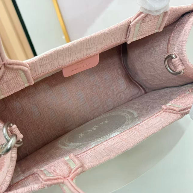 DIOR BOOK TOTE BAG 36 IN PINK COLORWAY WITH AN OVAL EMBROIDERED LOGO EMBLEM