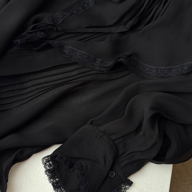 CHLOE RUFFLED LACE-TRIMMED COLLAR SILK-CHIFFON BLOUSE IN BLACK