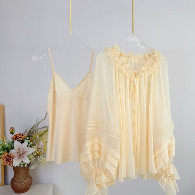 CHLOE TWO-PIECE SET OF RUFFLE-NECK BLOUSE AND CAMISOLE TOP