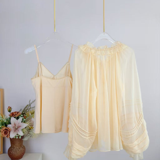 CHLOE TWO-PIECE SET OF RUFFLE-NECK BLOUSE AND CAMISOLE TOP