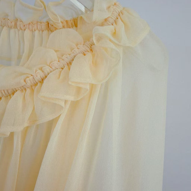 CHLOE TWO-PIECE SET OF RUFFLE-NECK BLOUSE AND CAMISOLE TOP