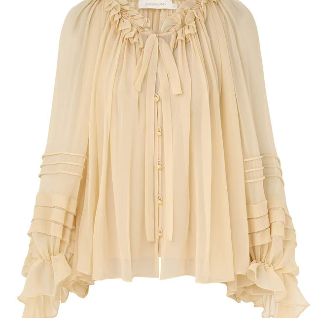 CHLOE TWO-PIECE SET OF RUFFLE-NECK BLOUSE AND CAMISOLE TOP