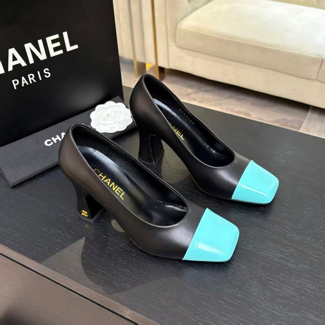 CHANEL SQUARE TOE SLINGBACK SHOES 90MM IN BLACK MIX GREEN CALFSKIN