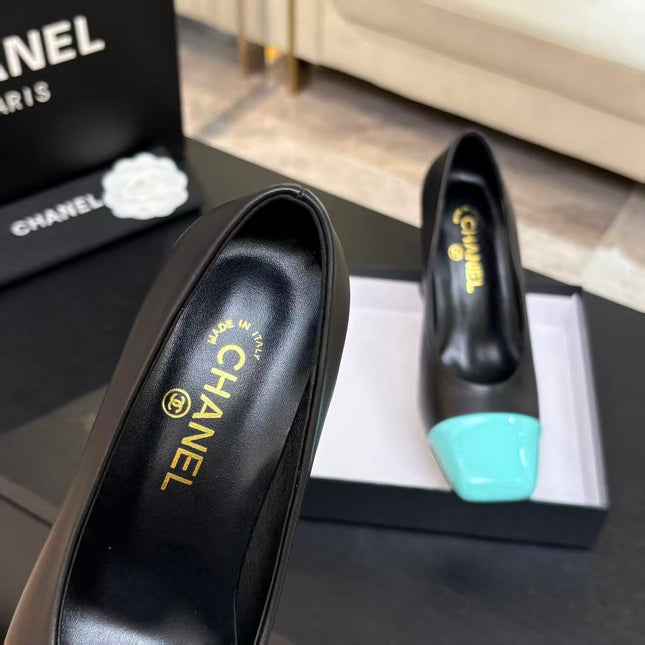 CHANEL SQUARE TOE SLINGBACK SHOES 90MM IN BLACK MIX GREEN CALFSKIN