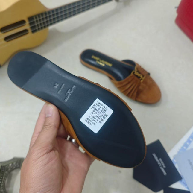 YSL BABYLONE SLIDES IN BROWN SUEDE GOLD HARDWARE