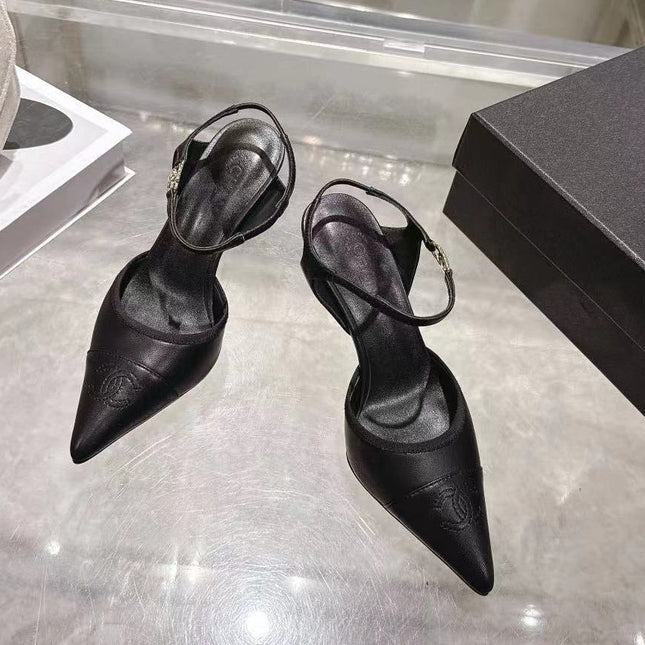 CHANEL 26S HEEL SLINGBACK EMBOSSED LOGO IN BLACK CALFSKIN