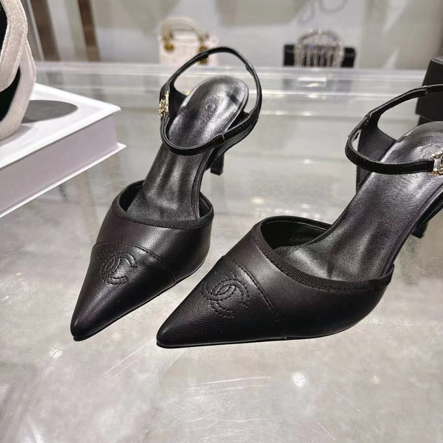 CHANEL 26S HEEL SLINGBACK EMBOSSED LOGO IN BLACK CALFSKIN