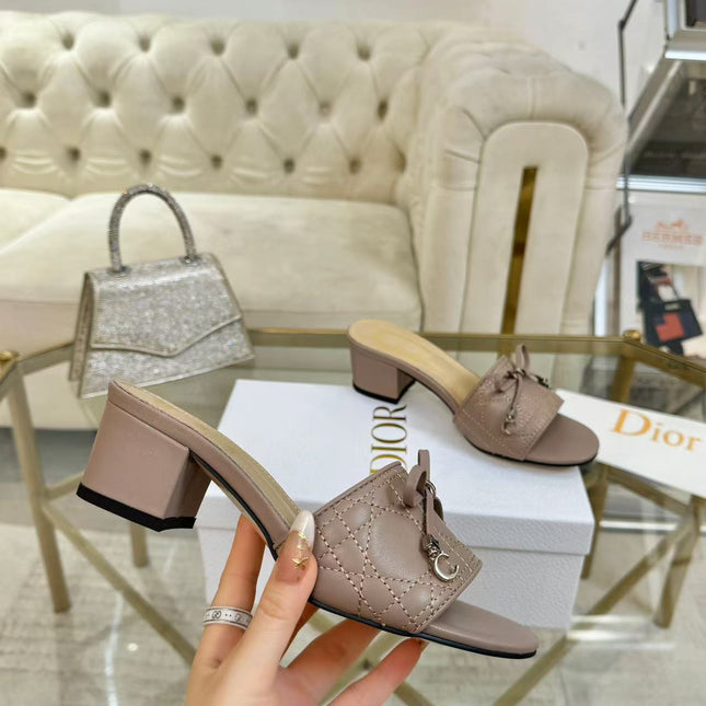 DIOR CANNAGE HEELED SLIDE IN DUSTY PINK CALFSKIN
