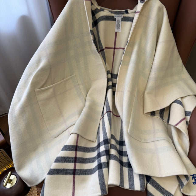 BURBERRY 26S DOUBLE-FACED REVERSIBLE CHECK HOODED CAPE IN BEIGE