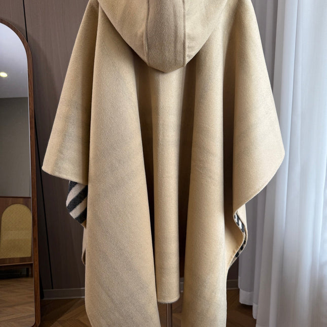 BURBERRY 26S DOUBLE-FACED REVERSIBLE CHECK HOODED CAPE IN BEIGE