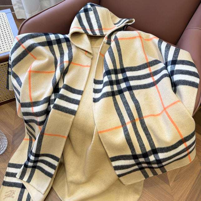 BURBERRY 26S DOUBLE-FACED REVERSIBLE CHECK HOODED CAPE IN BEIGE