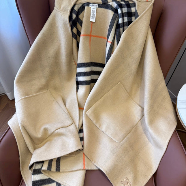 BURBERRY 26S DOUBLE-FACED REVERSIBLE CHECK HOODED CAPE IN BEIGE