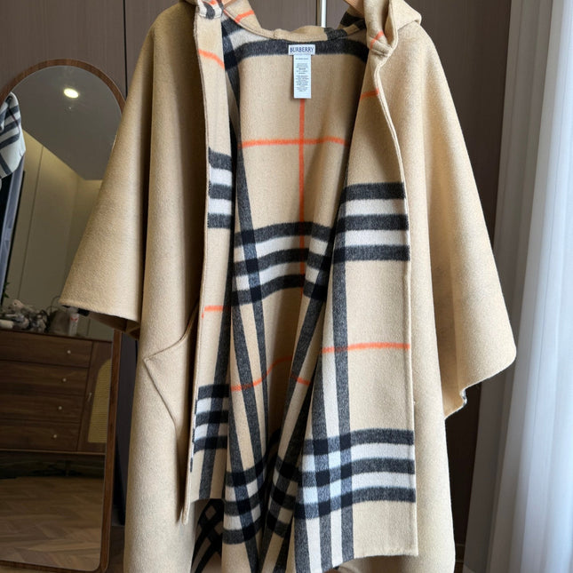 BURBERRY 26S DOUBLE-FACED REVERSIBLE CHECK HOODED CAPE IN BEIGE
