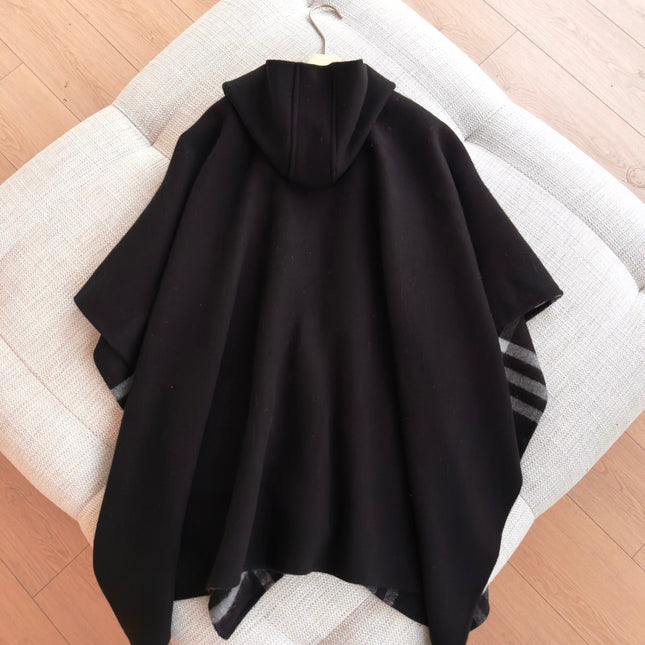 BURBERRY 26S DOUBLE-FACED REVERSIBLE CHECK HOODED CAPE IN BLACK