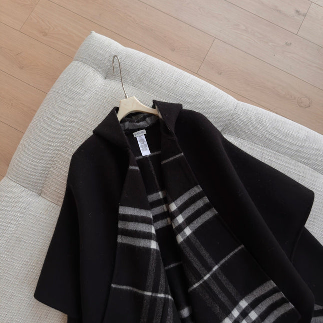 BURBERRY 26S DOUBLE-FACED REVERSIBLE CHECK HOODED CAPE IN BLACK