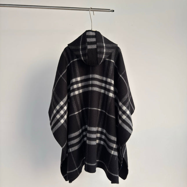 BURBERRY 26S DOUBLE-FACED REVERSIBLE CHECK HOODED CAPE IN BLACK